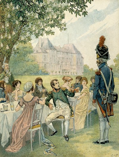 マルメゾン城の庭園で昼食をとるナポレオン1世ボナパルト（1769-1821）。ジャック・マリー・ガストン・オンフレー・ド・ブレヴィル（JOB）（1858-1931）によるイラスト。個人蔵 作： pseudonym for Onfray de Breville Jacques Job