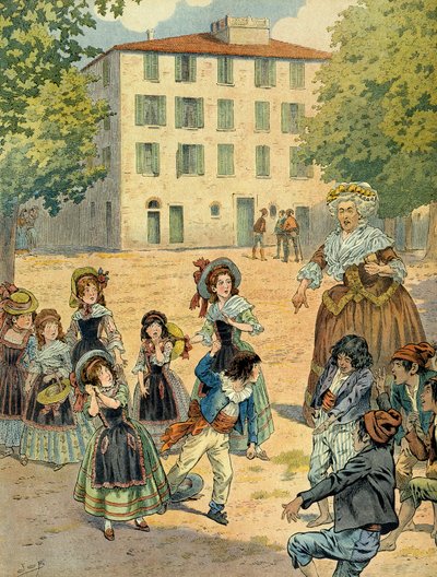 アジャクシオのナポレオン1世ボナパルト（1769-1821）は、家政婦に叱られた。これはボナパルトが1769年8月15日だけいる家である。ジャック・マリー・ガストン・オンフレー・ド・ブレヴィルdit JOB（1858-1931）によるイラスト 作： pseudonym for Onfray de Breville Jacques Job