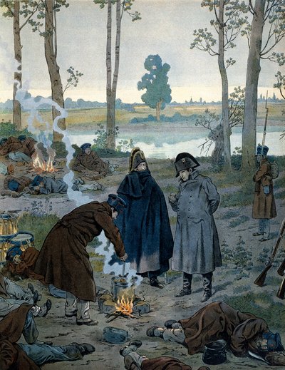 1815年、ワーテルローの戦いの前夜のビバークでのナポレオン1世ボナパルト（1769-1821）。ジョルジュ・モントルグイユ著「ナポレオン」より。ジャック・マリー・ガストン・オンフレー・ド・ブレヴィル（JOB）（1858-1931）による挿絵 作： pseudonym for Onfray de Breville Jacques Job