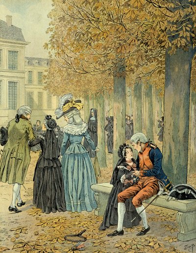 ナポレオン1世ボナパルト（1769-1821）は、妹のエリサ・ボナパルト（1777-1820）をサン・シル（Saint-Cyr）の王家の家に訪ねた。ジャック・マリー・ガストン・オンフレー・ド・ブレヴィルdit JOB（1858-1931）による挿絵 作： pseudonym for Onfray de Breville Jacques Job