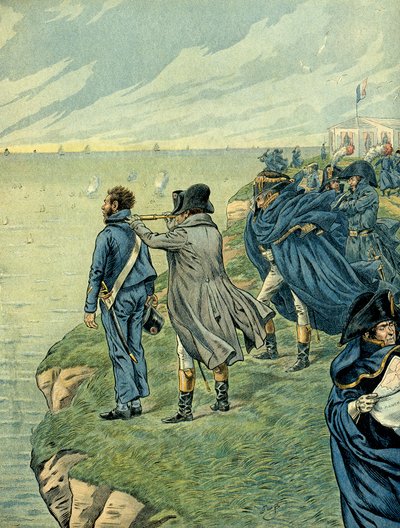 1804年7月、ブーローニュ陣営の武器庫を訪れたナポレオン1世ボナパルト（1769-1821）。ジャック・マリー・ガストン・オンフレー・ド・ブレヴィル（JOB）（1858-1931）によるイラスト。個人蔵 作： pseudonym for Onfray de Breville Jacques Job