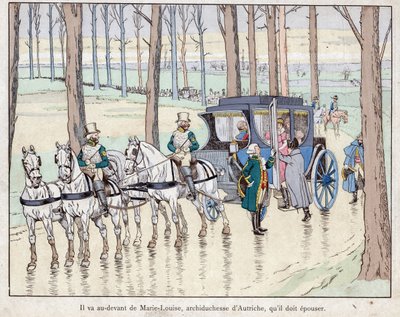 オーストリア大公妃マリー=ルイーズと面会するナポレオン - 1810年 - Job（Jacques Onfroy de Breville）によるリトグラフ（1893年の "Le Grand Napoleon des Petites Enfants "より）。 作： pseudonym for Onfray de Breville Jacques Job
