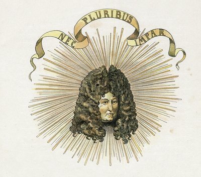国王ルイ14世（1638-1715）の肖像とラテン語の標語「Nec pluribus impar」（他に似たものはない）。個人蔵。 作： pseudonym for Onfray de Breville Jacques Job