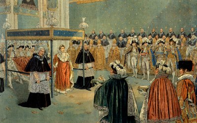 パリのノートルダム大聖堂におけるナポレオン1世（1769-1821）の聖遺物の表現 1804年2月12日 ジャック・マリー・ガストン・オンフレー・ド・ブレヴィル（1858-1931）による挿絵 秘蔵コレクション 作： pseudonym for Onfray de Breville Jacques Job