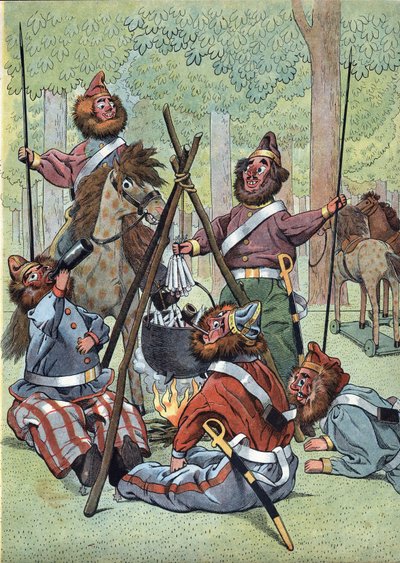 フランスの歴史をおもちゃで表現したシーン。ナポレオン戦争（1812年）でロシアが撤退したエピソードを受けて、コサックは1814年にパリのシャンゼリゼ通りにビバークを構えました。Joujoux a l