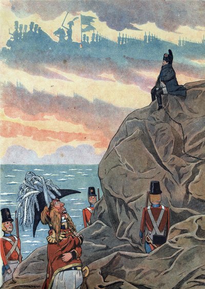 フランスの歴史をおもちゃで表現したシーン。サント・ヘレネ島（Sainte-Helene）に亡命したナポレオン1世ボナパルト（1769-1821）が、憂鬱で孤独な態度で提示されています。Joujoux a l