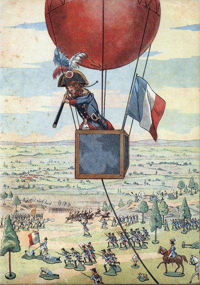 フランスの歴史をおもちゃで表現したシーン。1794年6月26日のフルールスの戦いと、ジャン・マリー・ジョセフ（Jean-Marie-Joseph）・クーテル大尉（1748-1835）による観測気球の初使用を遠目に見ながら - 「歴史を遊ぼう」では。フランスの歴史を演じる 作： pseudonym for Onfray de Breville Jacques Job