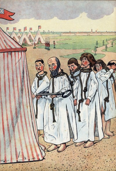 フランスの歴史をおもちゃで表現したシーン。カレーのブルジョワたち1347年のカレー包囲戦と、カレーの6人のブルジョワの中でも最も有名なサン・ピエトロのユースタッシュが、イングランド王エドワード3世のもとに赴いて、その恵みを懇願したことで知られています。 作： pseudonym for Onfray de Breville Jacques Job