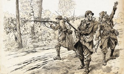 敵を撃て!1914年から18年にかけての戦争で、フランス兵は敵の強さと正確な位置を認識するためにパトロールに出た。ドイツ軍を発見した彼らは、射撃の間に挟まれることを気にせず、射撃の命令を出した。ジョブズのイラスト（J 作： pseudonym for Onfray de Breville Jacques Job