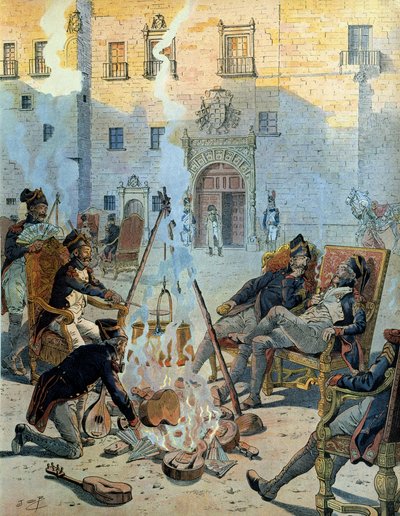 スペイン戦争（1808-1813）。ナポレオン1世ボナパルト（1769-1821）のフランス軍がスペインでいい思いをしている様子。ジョルジュ・モントルゲイユの『ナポレオン』に登場する。ジャック・マリー・ガストン・オンフレー・ド・ブレヴィル（JOB）（1858-1931）による挿絵 作： pseudonym for Onfray de Breville Jacques Job