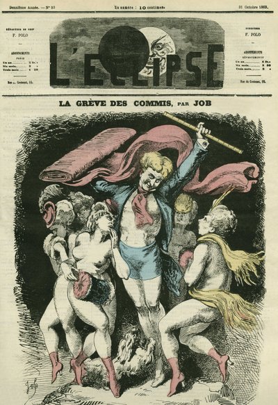 店員のストライキは、冬を前にジャン＝バティスト（Jean Baptiste）・カルポー（Carpeaux）の「La Danse」のダンサーたちに服を着せることを示唆するイラストです。ジョブズの「L