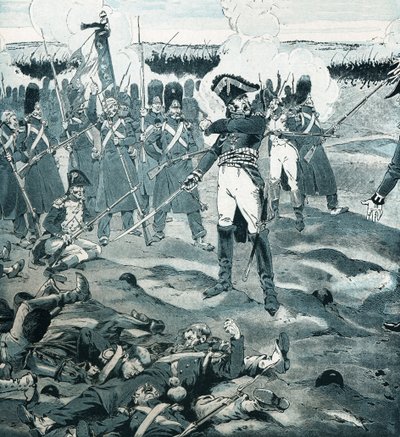 1815年6月18日のワーテルローの戦いで、敵がフランス軍に降伏を求めている間に、ガルドの最後の広場を指揮していたカンブロンヌ将軍（1770-1842）に、衛兵は死んでも反応しなかった。ジョブのイラスト（ジャック・マリー・ガストン・オンフレーとブレヴィ 作： pseudonym for Onfray de Breville Jacques Job