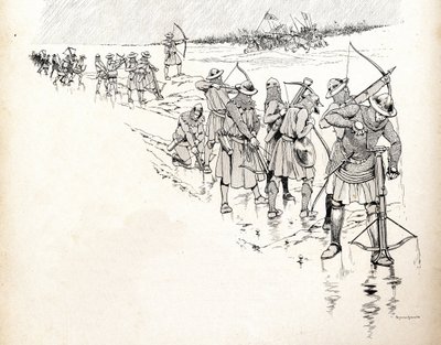 百年戦争が始まった1346年のクレシーの戦いで、フィリップ・ド・ヴァロワ（Philippe de Valois）ことフランス王フィリップ6世（1293-1350）の軍隊の弓兵が、雨で弓のロープが濡れて戦闘不能になっている。ヨブのイラスト（ジャック 作： pseudonym for Onfray de Breville Jacques Job
