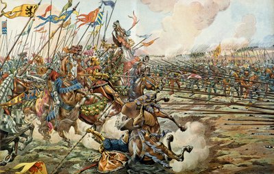 1476年3月2日、スイスのグランドンで行われたブルゴーニュ人とスイス人の間の孫の戦い。ジャック・マリー・ガストンによるイラスト 作： pseudonym for Onfray de Breville Job