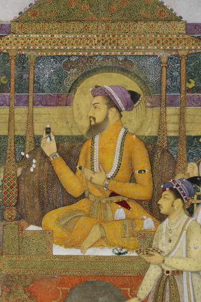 ピーコック王座の皇帝シャージャハーンの詳細、1640年（不透明なトイレと紙に金色） 作： son of Aqa Riza Abid