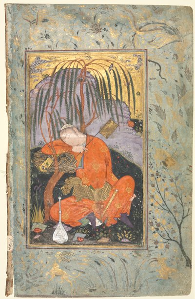 眠れる青春 (裏面)、1 ページの原稿からのイラスト 作： style of Riza yi Abbasi