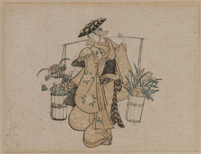 2 つのバケツの花を運ぶ美女 作： style of Torii Kiyomasu