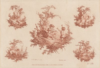 犬の狩猟の 4 つのビネットとシンジェリー 作： the Elder and Jean Baptiste Hüet Gilles Demarteau