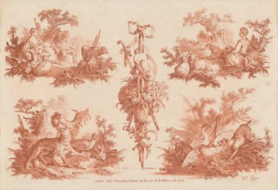 牧歌的なビネット 2 つ、狩猟のビネット 2 つ、トロフィー 1 つ 作： the Elder and Jean Baptiste Hüet Gilles Demarteau