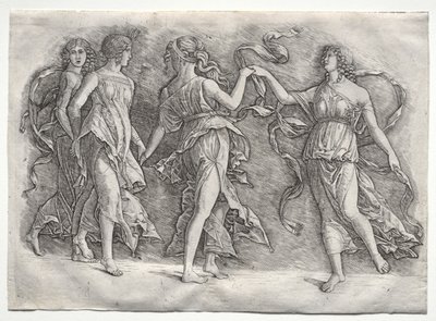 四人の踊るミューズ、c. 1497年。 作： the so called Premier Engraver