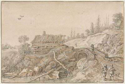 小川のそばに小屋のある丘陵の風景、1627年。 作： van de Velde Esaias