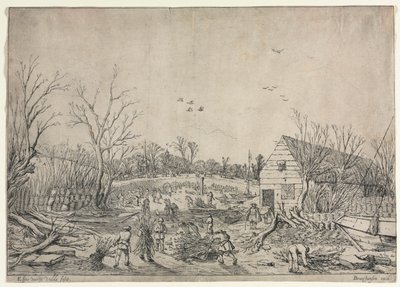 1624年1月10日の大洪水、あるいはヴィアネンによるレック川の壊れた堤防の修復。 作： van de Velde Esaias