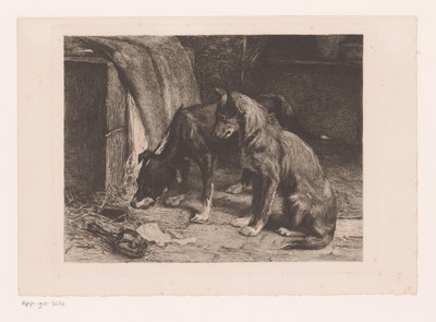 ネズミ捕りの 2 匹の犬 作： van den Eyken (attributed to)
