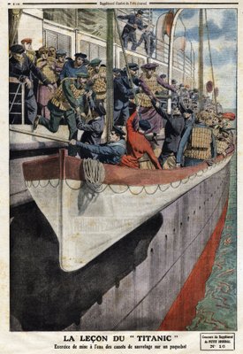 1912年4月15日、RMSタイタニック号の沈没後に行われた定期船内での救命ボートの訓練。
