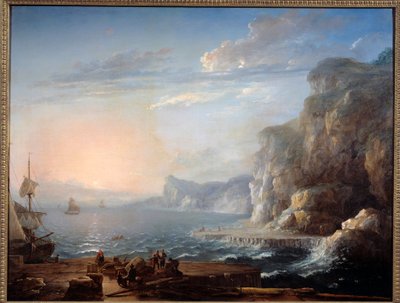 夕焼け 海に浮かぶ崖や岩、手前には漁師たちがいる風景。アントワーヌ