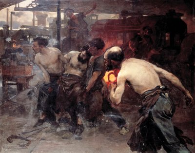 【絵画】仕事中 仕事中の事故」 工場で働く人が機械で怪我をして同僚に運ばれる（絵画