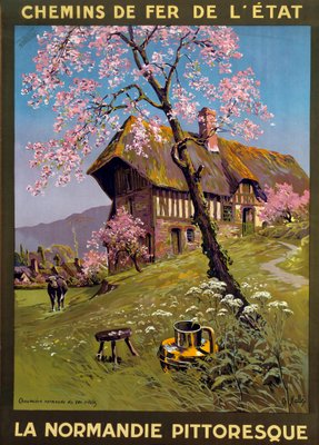チャールズ・エドワード・ハレ(1846-1919)による国鉄用ポスター 絵のように美しいノルマンディーの田舎にある17世紀のコテージ。19世紀 ...