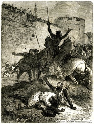 アルビジョワとの十字軍 - トゥールーズの包囲、1218年6月25日。シモン・ド・モンフォールの弟が矢で負傷したばかりで、シモン・ド・モンフォール自身も、トゥールーズの女性の一人が投げたカタパルトの玉で殺されようとしている。                                    アート作品の設定をする