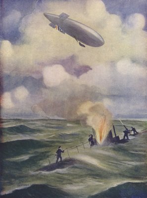 英国の海軍飛行船が潜水艦を爆撃