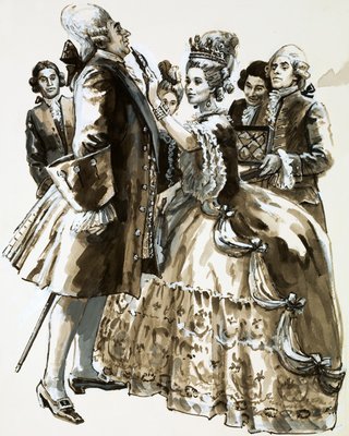 マティルダ女王がストルエンゼー博士にマティルダ騎士団をピン留め                                    アート作品の設定をする