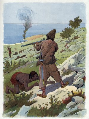 ロビンソン・クルーソーは、フライデーを追いかけてきた野蛮人を殺す。