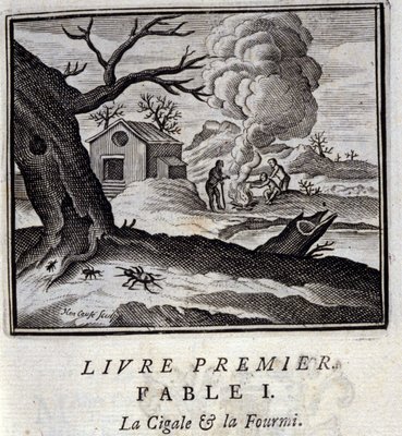 シガールと蟻。ジャン・ド・ラ・フォンテーヌ（1621-95）の寓話。挿絵はフランソワ・ショーボー（1613-1676）。1728年の版。                                    アート作品の構成