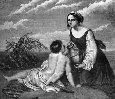 教皇庁ローマ。アブラハムのしもべであるアガルは、妻のサライが子供を産めないアブラハムに息子を産みました。彼女は子供と一緒に砂漠で狩りをされ