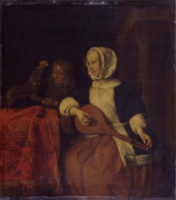 アンティークパネル　マンドリンガール マンドリンを弾く女」 1660-65年頃 油彩・パネル