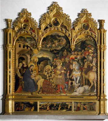 マギの崇拝の祭壇画（パラ・ストロッツィ）。ジェンティーレ・ダ・ファブリアーノの絵画（ジェンティーレ・ディ・ニッコロ