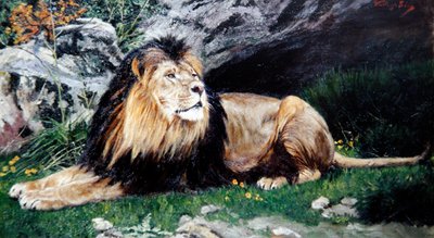 油彩画 飛鳥童 あすか わらべ 草原のライオン「Hunters」原画