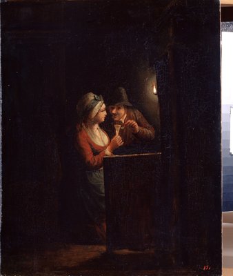 ろうそくの明かりに照らされた男女。 Godfried Cornelisz Schalcken (1643-1706) の絵画。 キャンバスに油彩、31  x 25 cm。 オランダ美術、バロック美術。 国立野外博物館パレス ガッチナ、サンクトペテルブルク。
