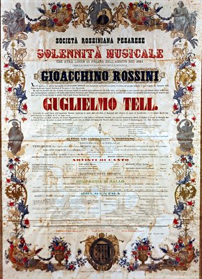 ジョアキーノ・ロッシーニのオペラ「ギョーム・テル」のプレイビル、1864年頃（カラーリトグラフ