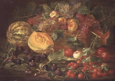 果物の静物 油彩画 緑と金のフレーム 果物の静物画