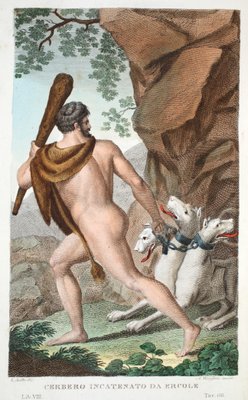 Hercules and CerberusまたはCerbero Incatenato da Ercole、Book VII、Ovid39;s  Metamorphosesからのイラスト、フィレンツェ、1832年（手描きの彫刻）