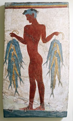 ギリシャ文明、漁師を描いたフレスコ画、ギリシャ、サントリーニ