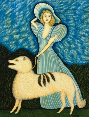 * antique picture ❀* 女の子とワンちゃんのいる 版画プリント Morris_Hirshfield_-