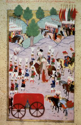 オスマン帝国：壮大なスルタン・ソリマン（スレイマン）1世（15201566）とその軍隊の表現。ミニチュア ロクマン作「身分証明書」第1巻