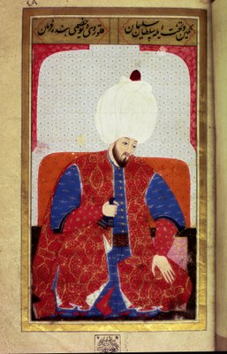 スレイマン1世（1494-1566）、オスマン帝国のスルタン ミニチュア：Seyyid Lokman Hussein著「Human  Physiognomy（オスマン帝国人の身だしなみについて）」の写本より。(Ms. ty6087 folio 27b)