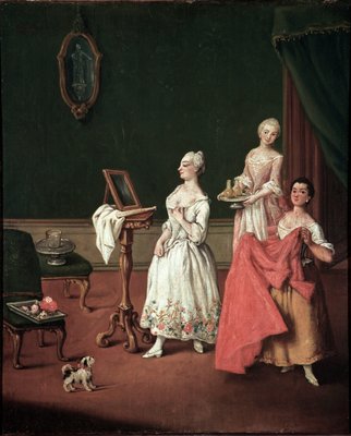 La toilette (The dressing session) ヴェネツィアの貴族が鏡の前で二人の召使の手伝いをしている様子 - Pietro  Longhi (1701-1785) による絵画 1760 Dim 61x50 cm ヴェネツィア、カ・レッツォーニコ、n 131 イタリア