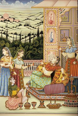 飲み物を楽しむムガール帝国の女性の細密画、インド
